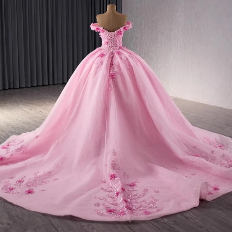 Real Picture Pink Mexican Women Queen Prom Dress Ball Gown V Neck Flower Vestido De xv Anos Sweet 15 Quinceanera Birthday Party