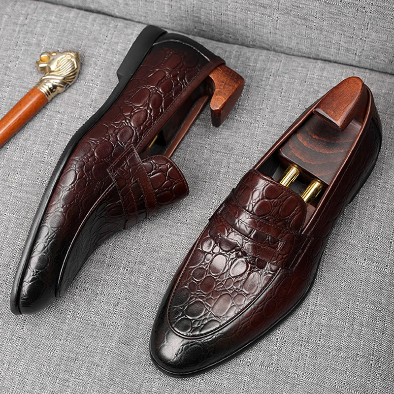 Crocodile Pattern Men Loafers Shoes Luxury Genuine Leather Shoes Man Dress Casual Black Brown Slip On Formal Summer Oxford Shoes