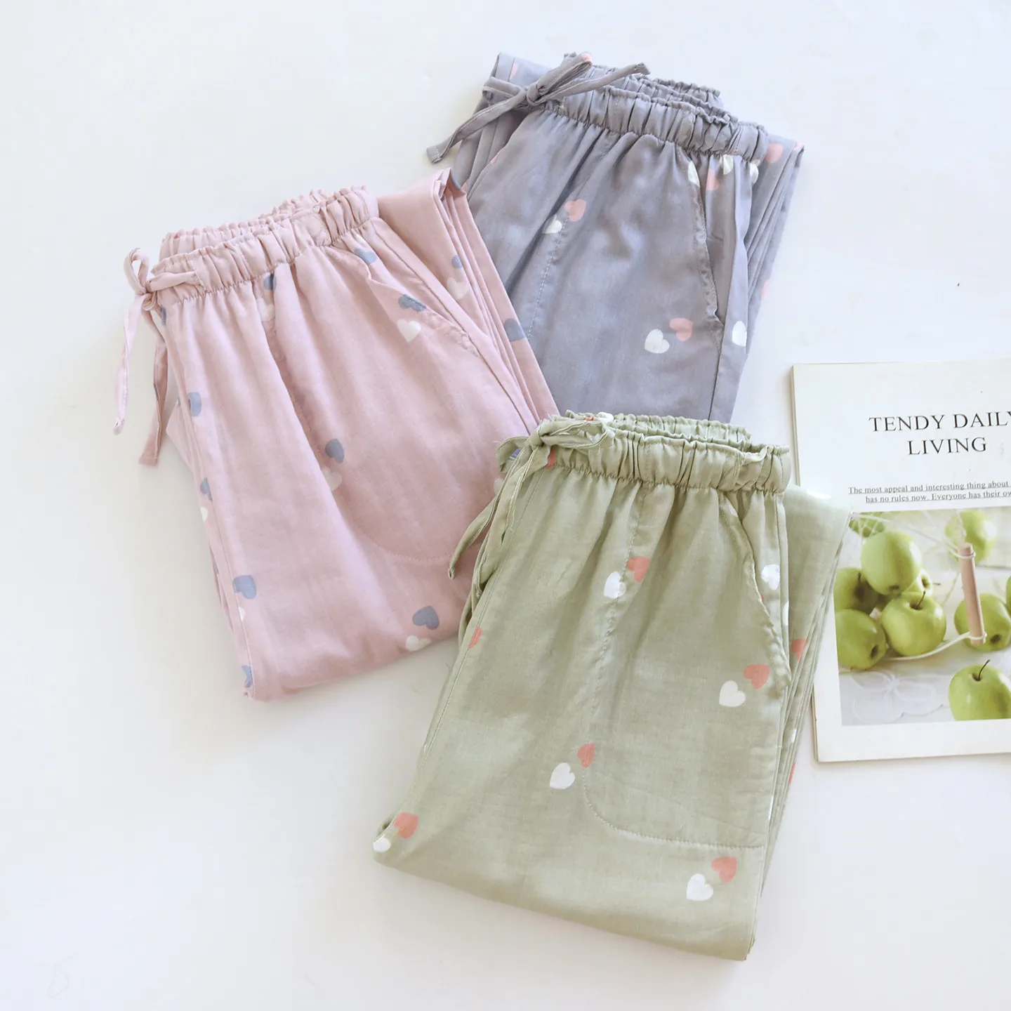 Fashion Women Heart Pattern Cotton Gauze Sleep Pants Thin Drawstring Long Trousers with Side Pockets Loose Leg Wearable Outside