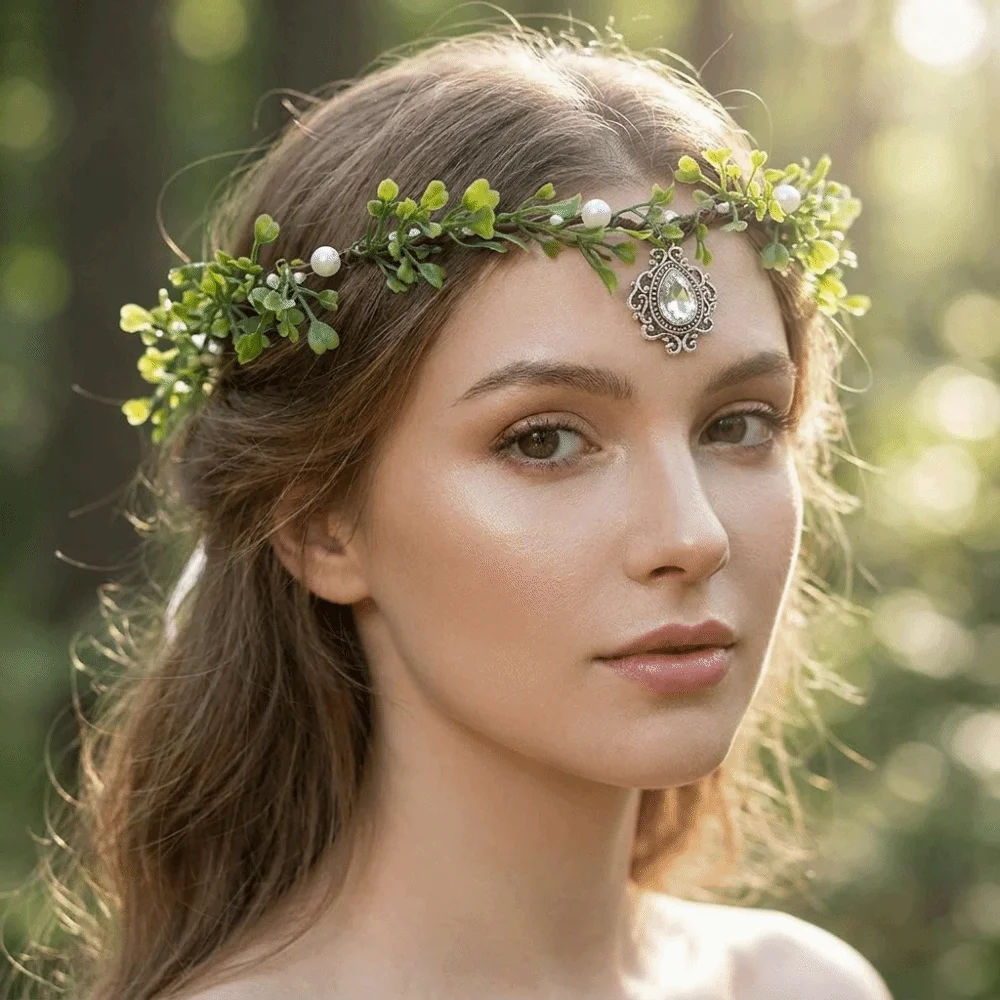 Leaf Wreath Elf Headband Simulate Tree Leaves Rhinestone Decor Forest Garland Tiara Lightweight Retro Elven Princess Tiara