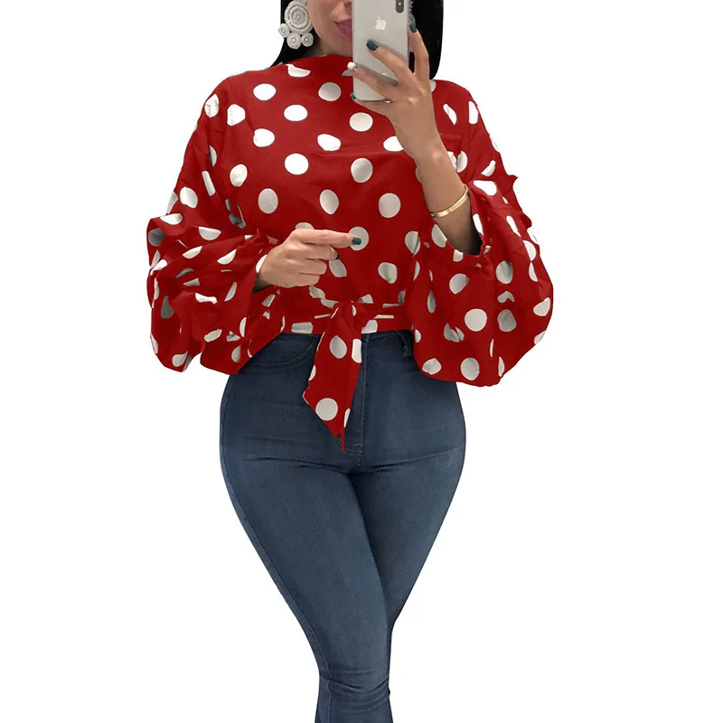 Mode Polka Dot Blouse Shirt Vrouwen Tops En Blouses Elegante Lange Lantaarn Mouwen Chiffon Top Streewear Vrouwen Herfst Blouse