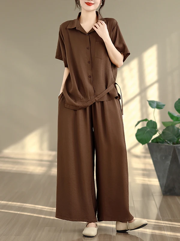 

Свободный повседневный универсальный женский летний комплект 2026: брюки с широкими штанинами и топ, удобный, дышащий, модный, из двух предметов