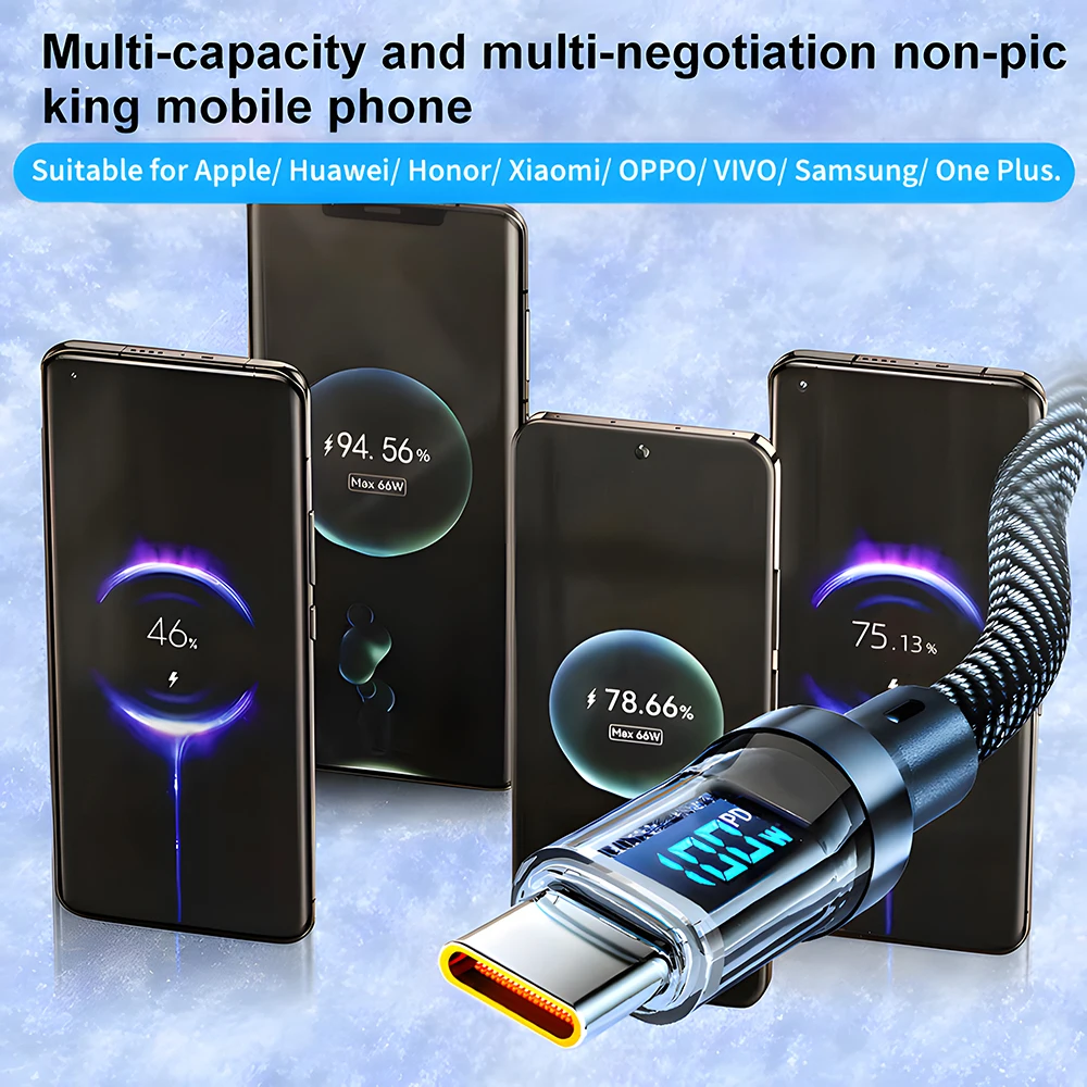 120W Super Fast Charging Cable Real-time Digital Display USB A to Type C data Cable For iPhone Android Samsung Phones Universal