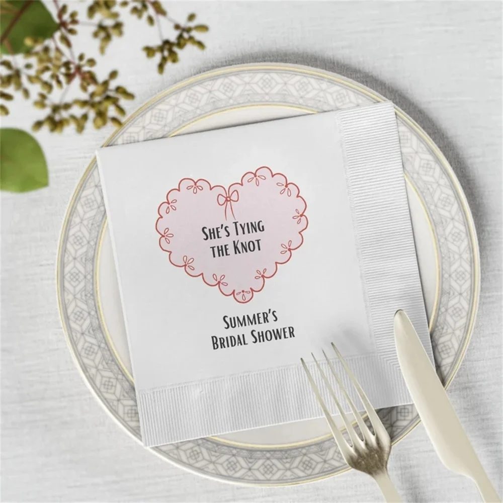 

50PCS Custom personalized printed monogram Pink Bow heart Napkins Coquette preppy decor She's tying the knot Bridal shower