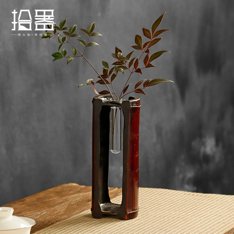 Lacquer bamboo glass tube small vase flower arrangement hydroponics Chinese retro mini flower machine dried flower home decorati