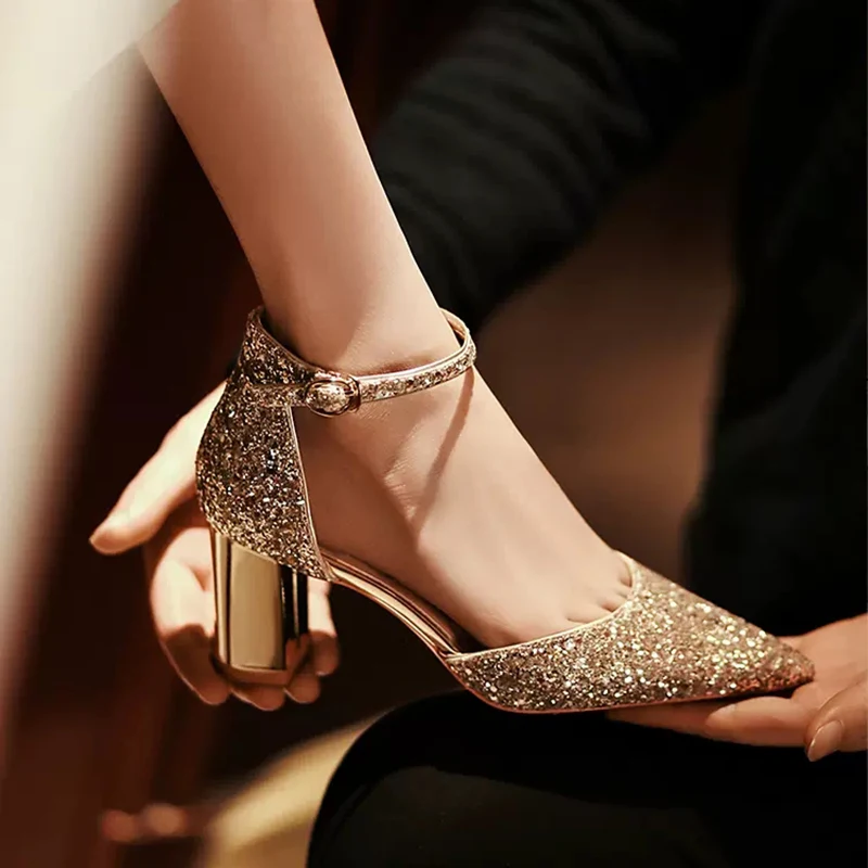 

Luxury Gold Silver Sequins High Heels Pumps Women 2023 Pointed Toe Ankle Straps Wedding Shoes Woman Thick Heeled Party Shoes