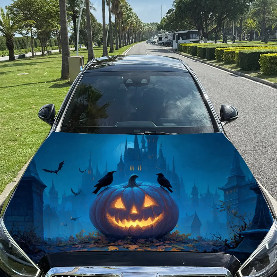 

Magic Pumpkin Halloween Night Car Vinyl Wrap, PVC Material Waterproof Car Hood Sticker, Self-Adhesive Scratch-Resistant Stickers