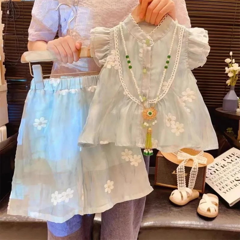 

TOY-Girls Suit2025New Summer Printed Flutter Sleeve Doll Shirt Wide Leg Pants Girl Baby New Chinese Style National Style Set