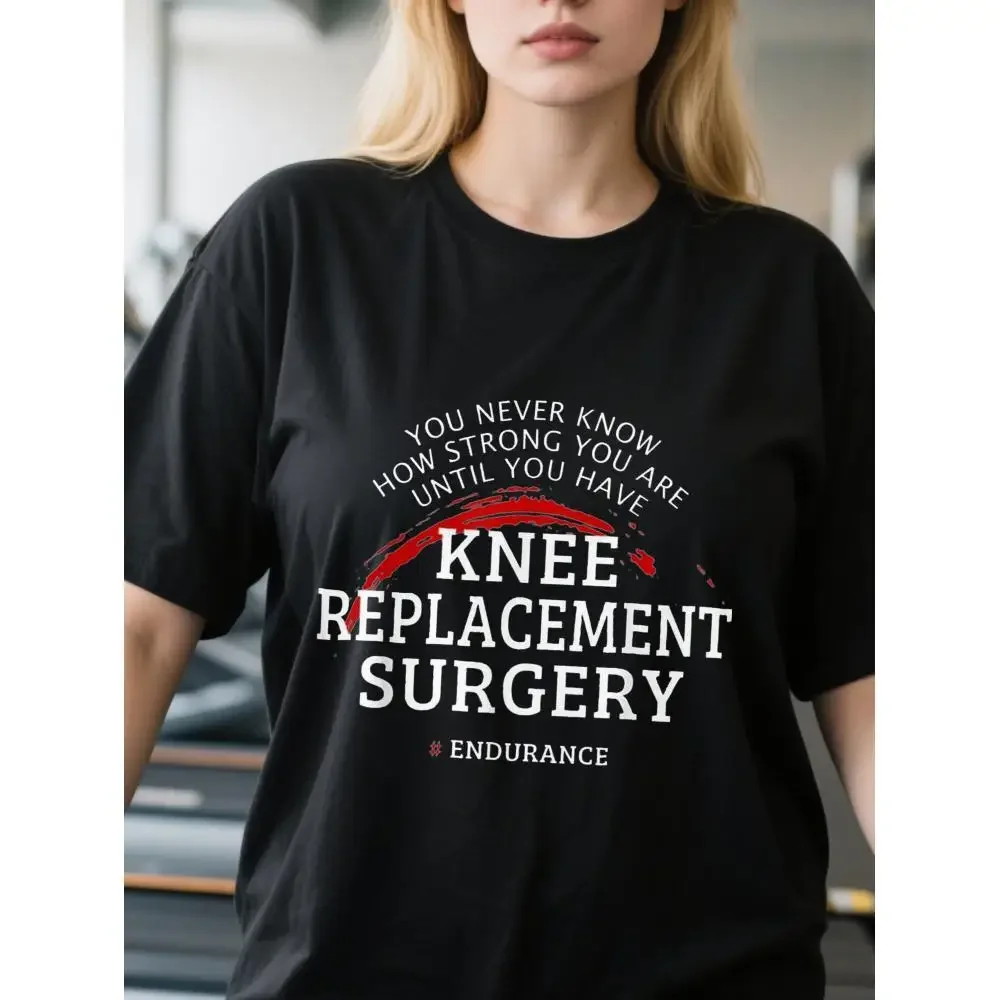 

Women's Plus Size Knee Replacement Surgery Graphic T-Shirt 100% Cotton Breathable Casual Tee with Motivational Quote Red Bandage