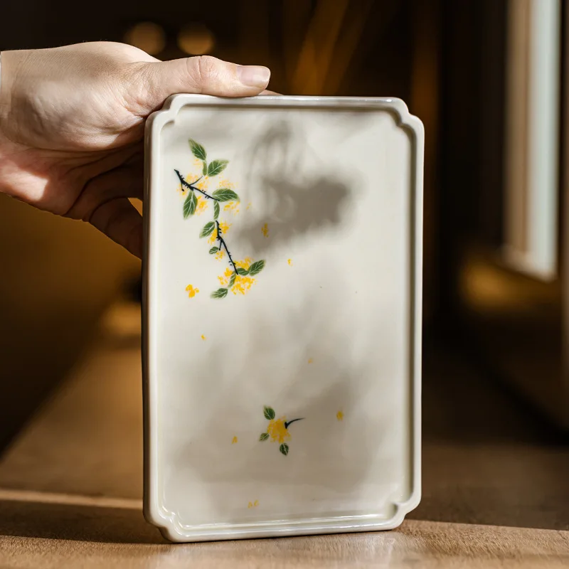 Plant Ash Hand Painted Osmanthus Ceramic Tea Tray Rectangular Dry Brew Plate Household Kung Fu Tea Cup Holder Table Decor