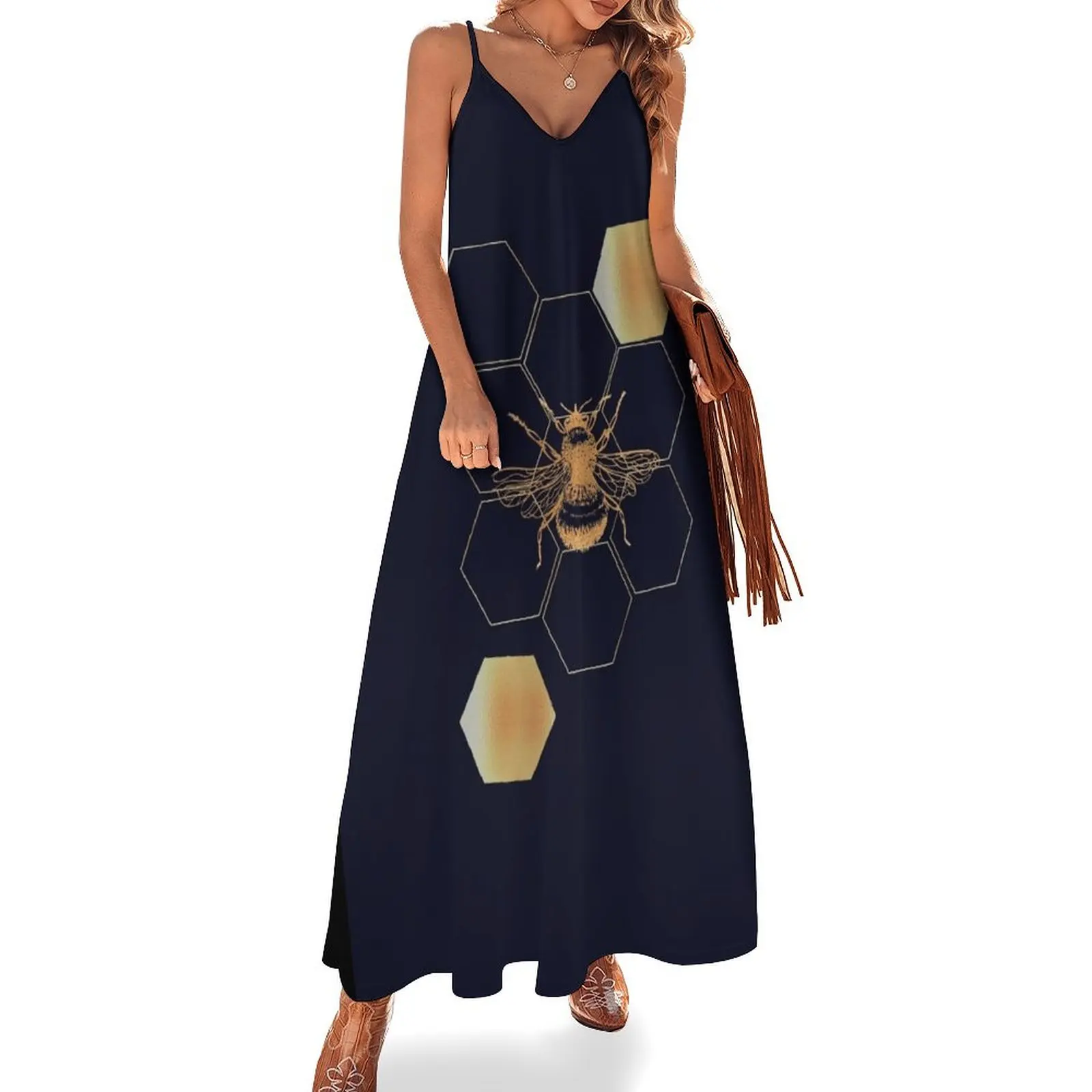 

Gold Honey bee with honeycomb hexagon pattern on navy background Sleeveless Dress elegant women's sets Elegant gown beach dress