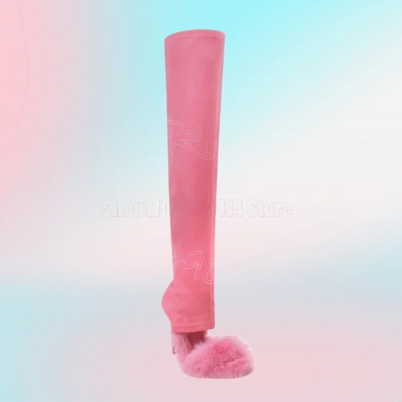 

Pink Fur Springy Suede Open Toe Sandals Boots Slip On Women Shoes Thin High Heels Party Banquet Dating 2025 Zapatos Para Mujere