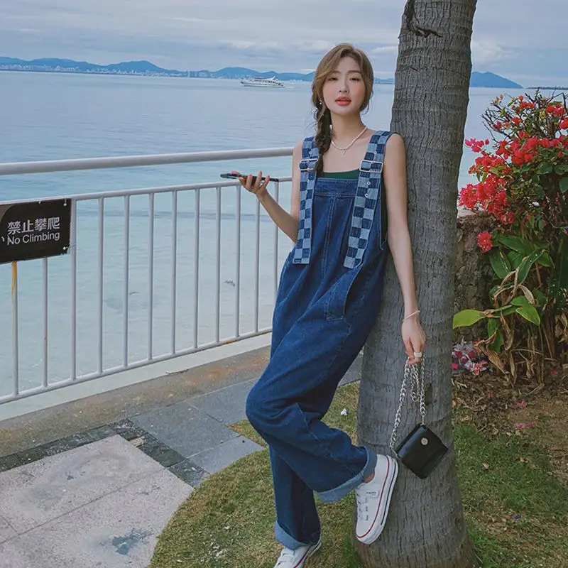 DENIM Jumpsuits ผู้หญิงลายสก๊อต Baggy ตรงขากว้างสบายๆ Harajuku หวานนักเรียนลดอายุฤดูร้อนเกาหลีสไตล์ Retro INS