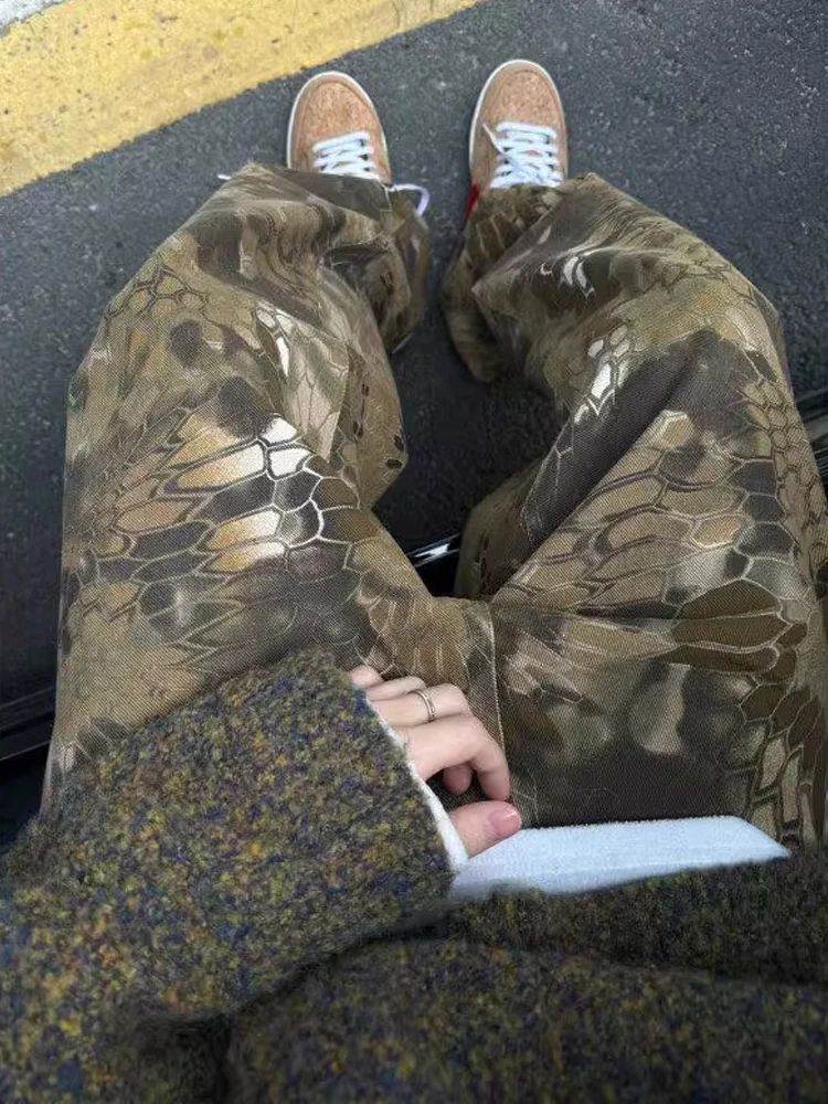 

Retro American Sle Canvas Snake Print Camouflage Heavy Waed Men's Jeans Straight Leg Wide Pants Hip Hop Faion