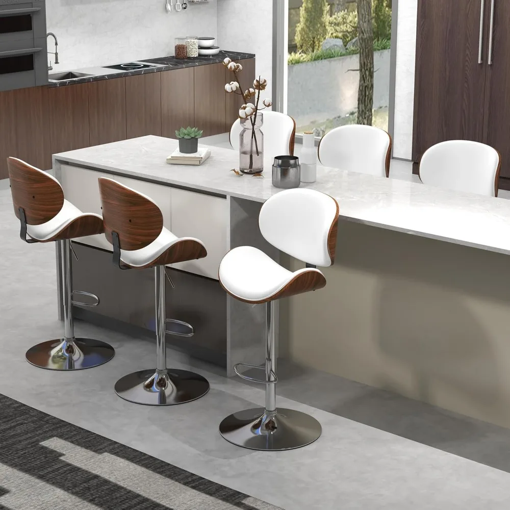 Juego de 6 taburetes de bar para encimera de cocina, sillas de altura de barra ajustables, taburete de bar giratorio con asiento y respaldo de madera curvada con reposapiés