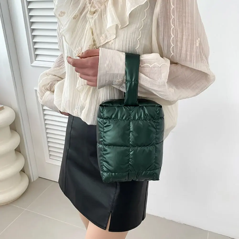 Simple Solid Color Puffer Handbag Quilted PU Leather Padded Makeup Bag Square Large Capacity Plaid Clutch Bag Daily