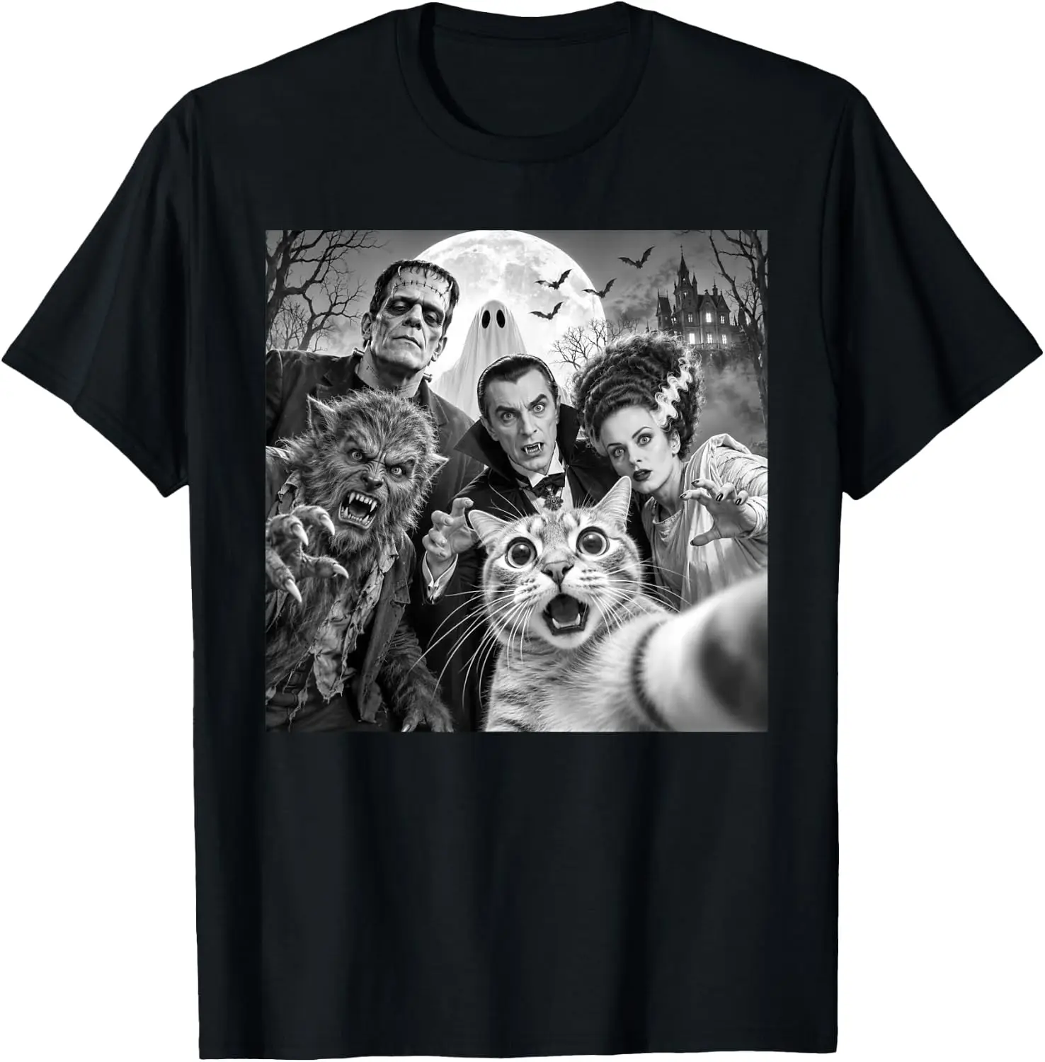 Cat Selfie With Retro Horror Movie Monsters Funny Halloween T-Shirt Versatile, heavyweight pure cotton short-sleeve tee—trendy, thick fabric; a great gift for Christmas or Halloween.