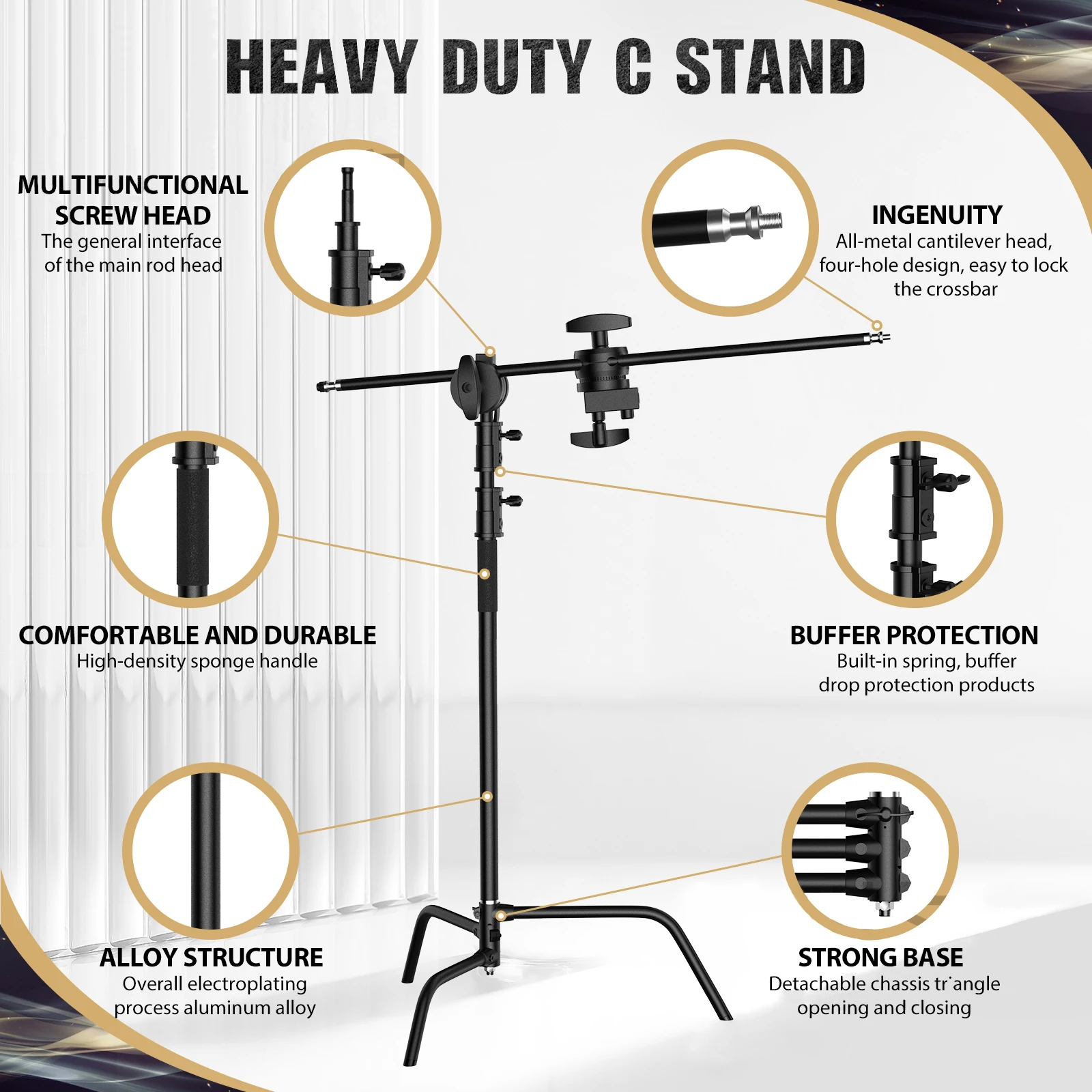 SH Photography Black AdjustableHeavy Duty Stainless Steel C-stand 3.3M With Bag And Wheel For Monolight, Softbox, Reflector