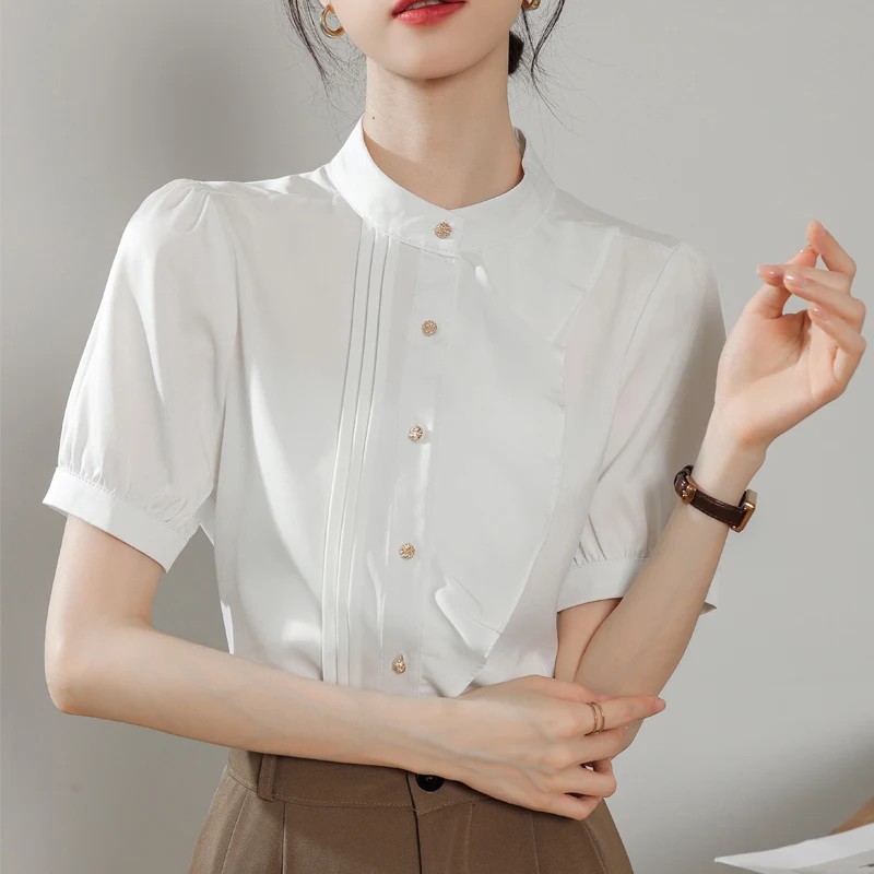 

2024 New Summer Blouse Ruffled O-Neck Womens Tops Korean Fashion White Shirt Sleeve Women's Clothing Solid Button Spliced Shirts