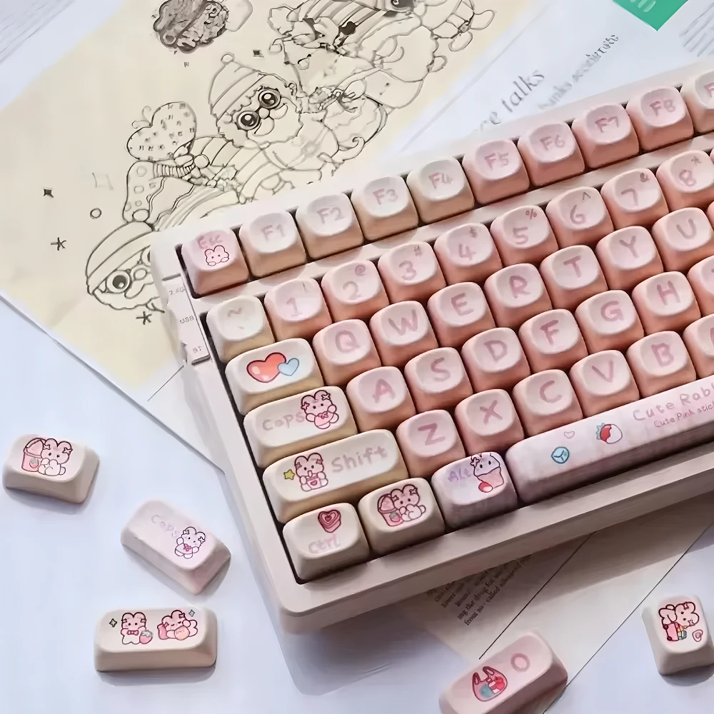 

Pink Bunny Mechanical Keyboard MOA Keycap Set PBT 140 Keys Cute Cartoon Girl Teenage Keycaps