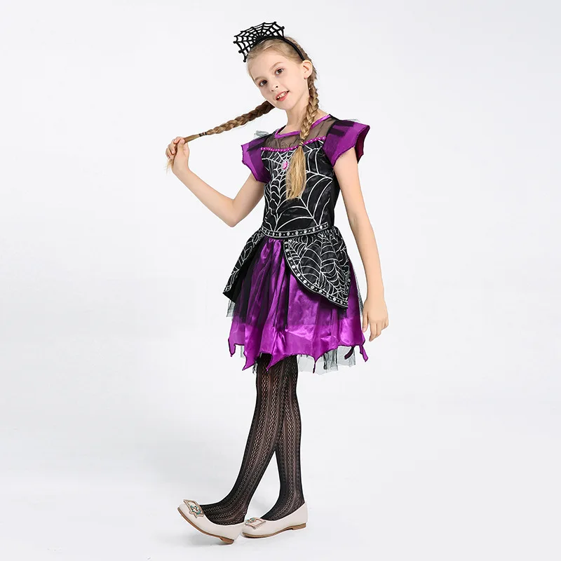 

Girls Halloween Spider Witch Cosplay Dress Purple Black Sweet Short Sleeve Spider Web Party Dresses