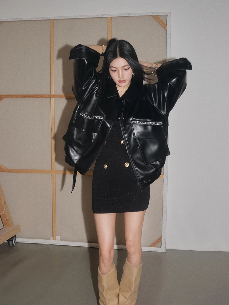 

Olivia Duo Women's Loose Fit Biker Jaet ort Casual Sle Polyester Fiber Autumn Collection Faion Ladies' Leather Coat