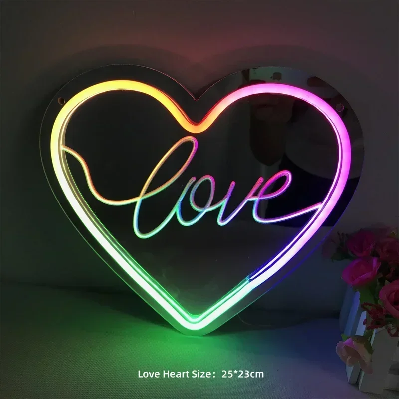 

Flashing RGB LED Neon Lights Love Heart Shape Mirror Neon Sign Valentine Wall Room Decoration Colorful Lamp Multimode USB Power