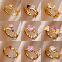 Pink Zircon Heart Rings For Women Gold Color Stainless Steel Adjustable Heart Ring 2023 Trend Wedding Aesthetic Jewelry Gift