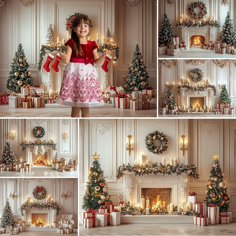 Christmas Photography Background Xmas Tree Fireplace Garland Decoration Supplies Family Portrait Photo Backdrops Studio Props