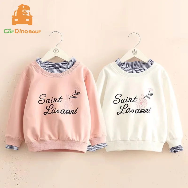 Spring Autumn 3 4 5 6 8 10 12 Years Children Hoodies Crew-Neck Letter Print Patchwork Fake 2 Pcs Kids Baby Girl Sweatshirt