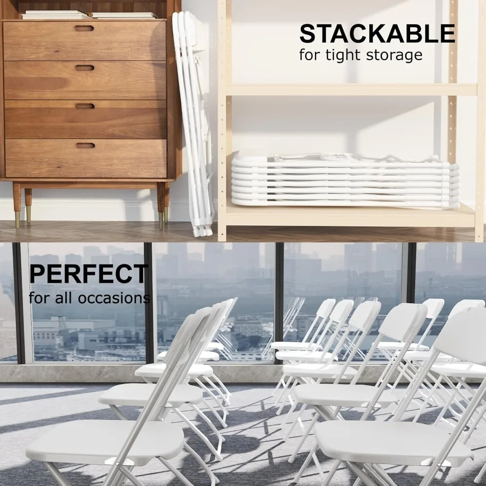 كراسي بيضاء قابلة للطي مكونة من 10 كراسي مناسبات بلاستيكية قابلة للتكديس مع إطار فولاذي لحفلات الزفاف والمكتب والفناء #5