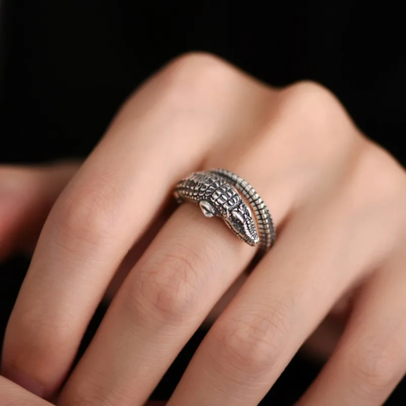 925 Sterling Silver Creative Retro Crocodile Opening Ring, Unique Style