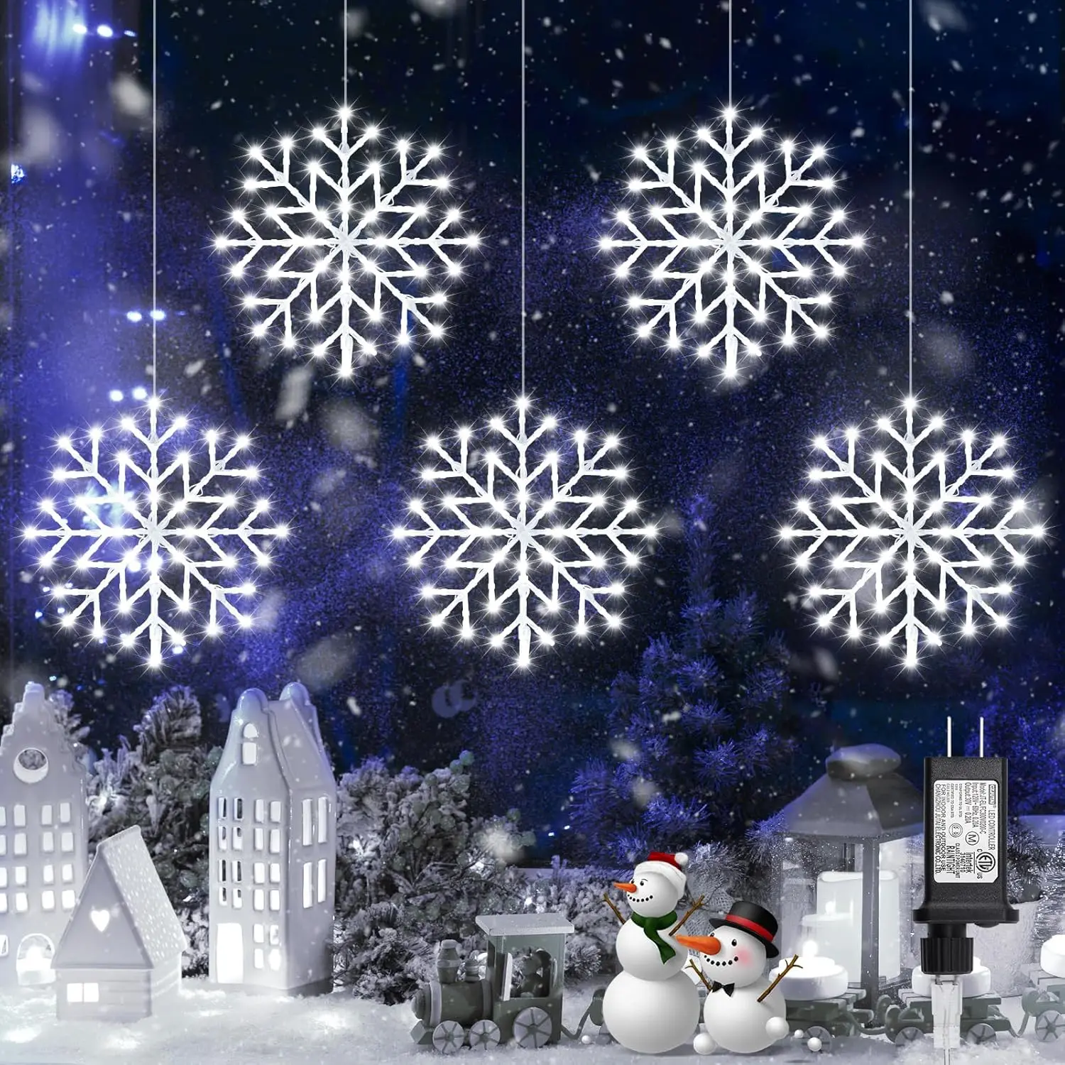 Christmas Snowflake Icicle Lights Outdoor - Plug-in 10.5ft 5 Drops 240LED Snowflake Window Light with 8 Modes, Hanging