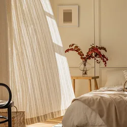 1/2 Panles Japanese Harajuku Style Striped Linen Gauze Curtains, Living Room And Bedroom Gauze Curtains