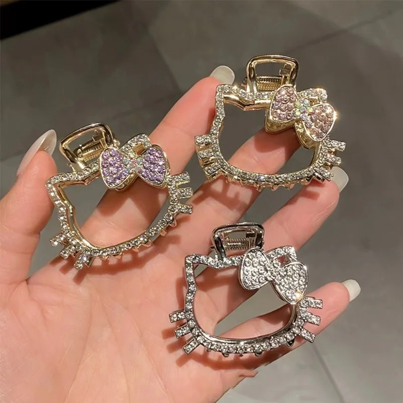Diamond Hello Kitty Hairpin Metal Sparkling Crystal Y2K Kitty Shark Clip Silver Jewelry Cartoon Hair Clip Hair Accessories