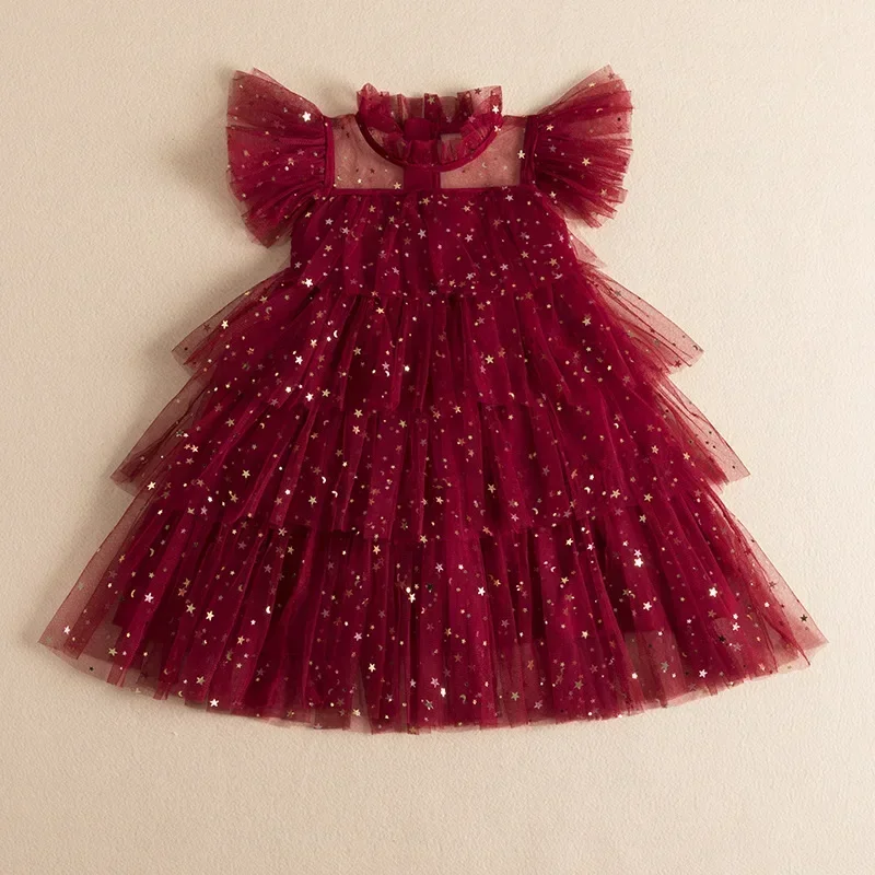 New Children's Dress Girl's Fairy Star Sequin Cake Mesh Children's Fluffy Princess Dress Solid HIGH Short Flower Girl Dresses