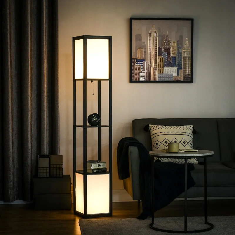 

Modern Floor Light with Shelving and Dual Ambient Lighting Tall Standing Living Room Light Bedroom with Cloth Lampshade