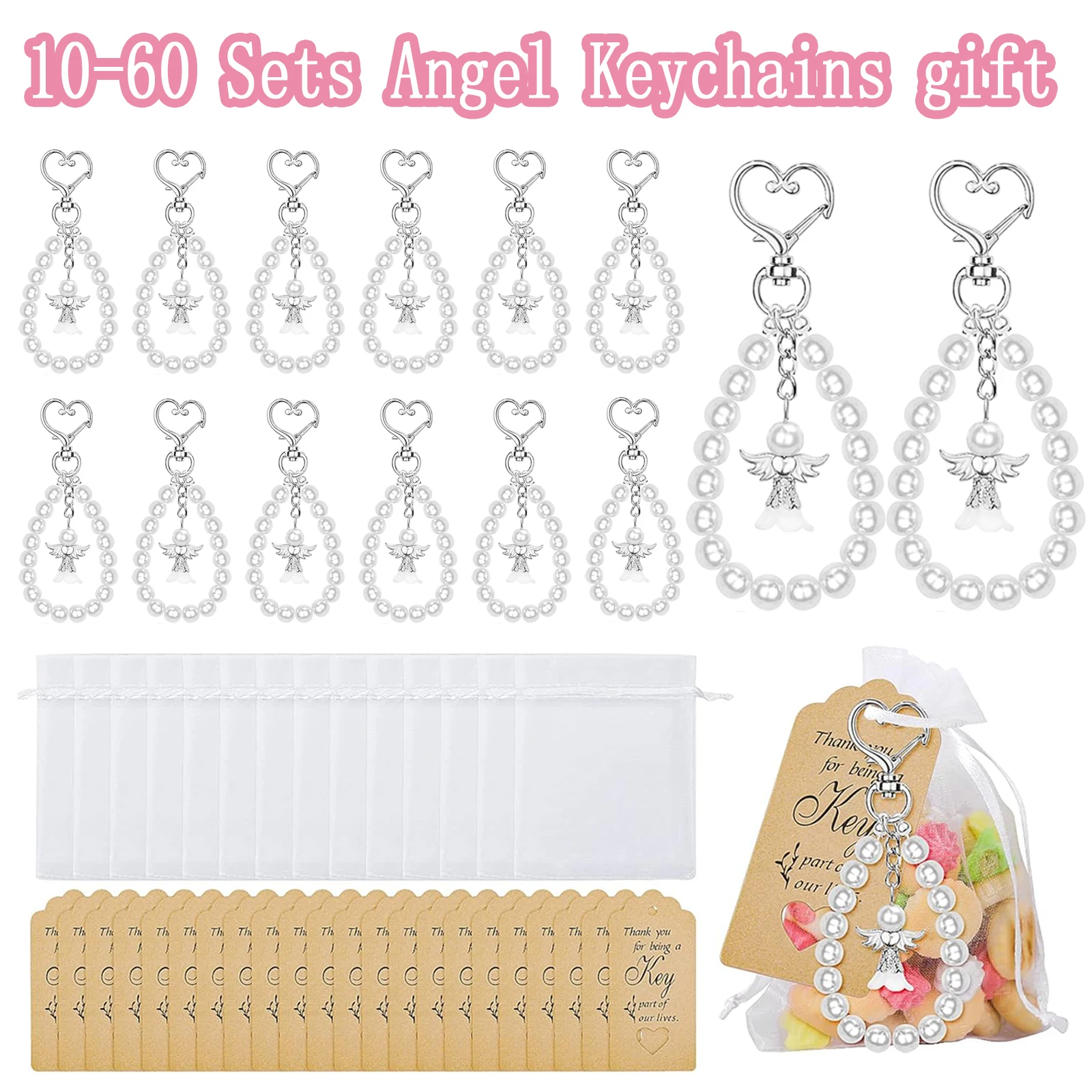 

10-60Sets Angel Keychains Favor With Favor Bags and Thank You Cards for Baptism Bridal Baby Shower Wedding Gender Reveal Favor