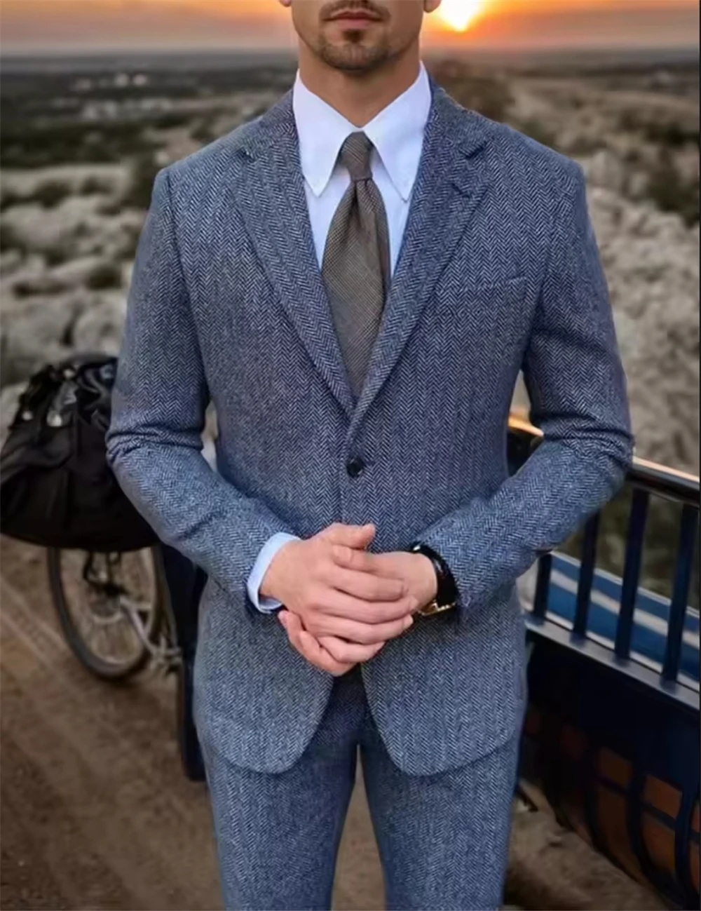 

Retro British Men's Suit 2 pieces Single Breasted Suit Jacket Formal Fashion Herringbone Wedding Business (Blazer+Pants)