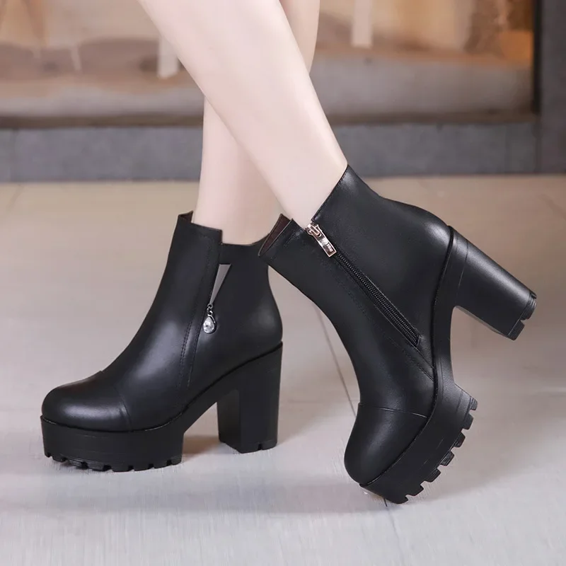 Small Size 32-43 Block High Heels Boots Women Fur Shoes Winter 2024 Soft Leather Thick Platform Ankle Boots Black Mother Office