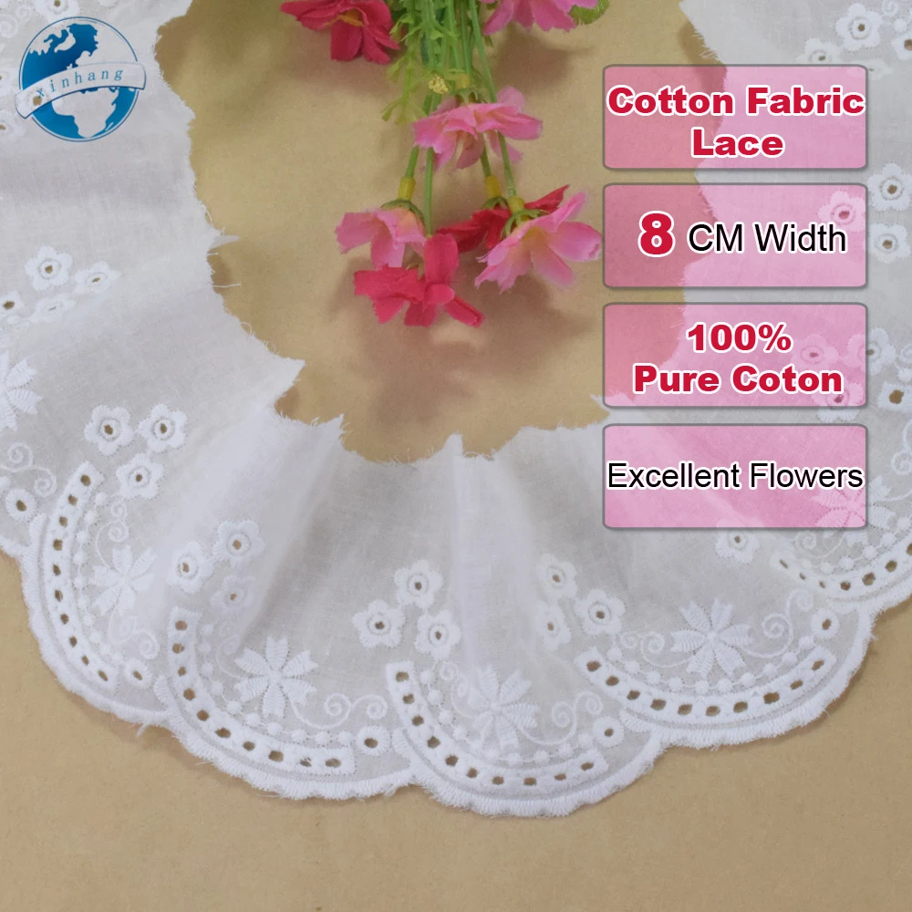 8cm Wide Embroidery White Lace Cotton Fabric Lace Sewing Ribbon Trim Wedding Evening Dress DIY Dolls Colthes Accessories #4300