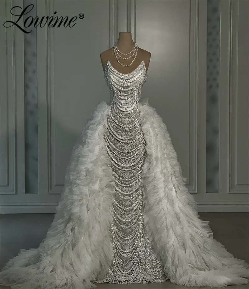 Robe De Soiree White Prom Dresses Abendkleider Beading Tassel Pearls 2 IN 1 Wedding Party Dress 2024 Arabic Long Evening Gowns