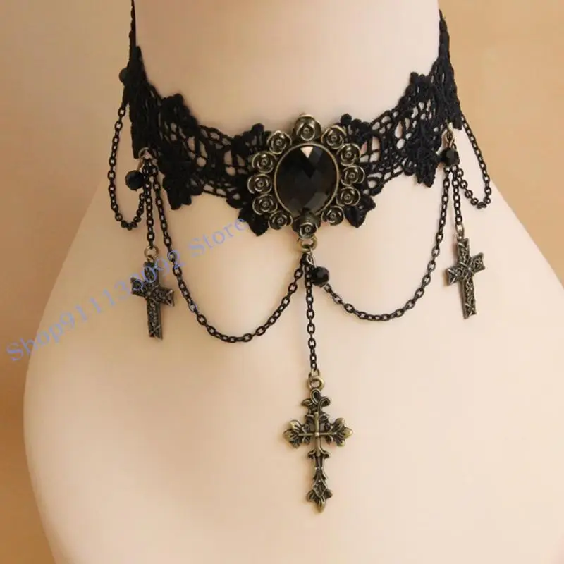 H9ed Retro Black Lace القوطية البيان القوطية قلادة قلادة قلادة #2