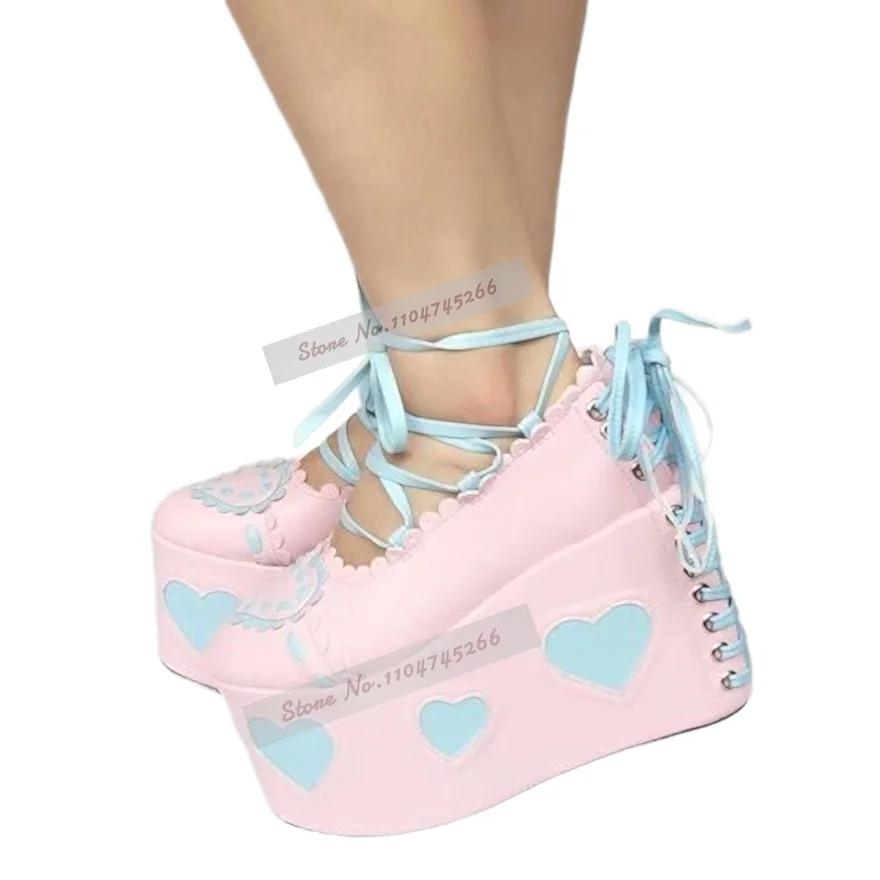 Sweet Heart Applique Platform Oxford Shoes White Colorblock Lace Up Super Thick Wedge Y2K Cosplay Party Shoes Dropship