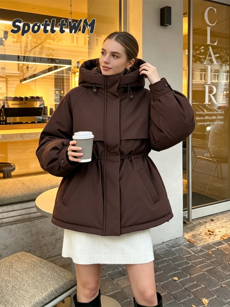 Women's Brown Hooded Quilted Puffer Jacket Drawstring Waist Cinched Padded Winter Warm Coat Casual Chic 2026 Fall Outerwear