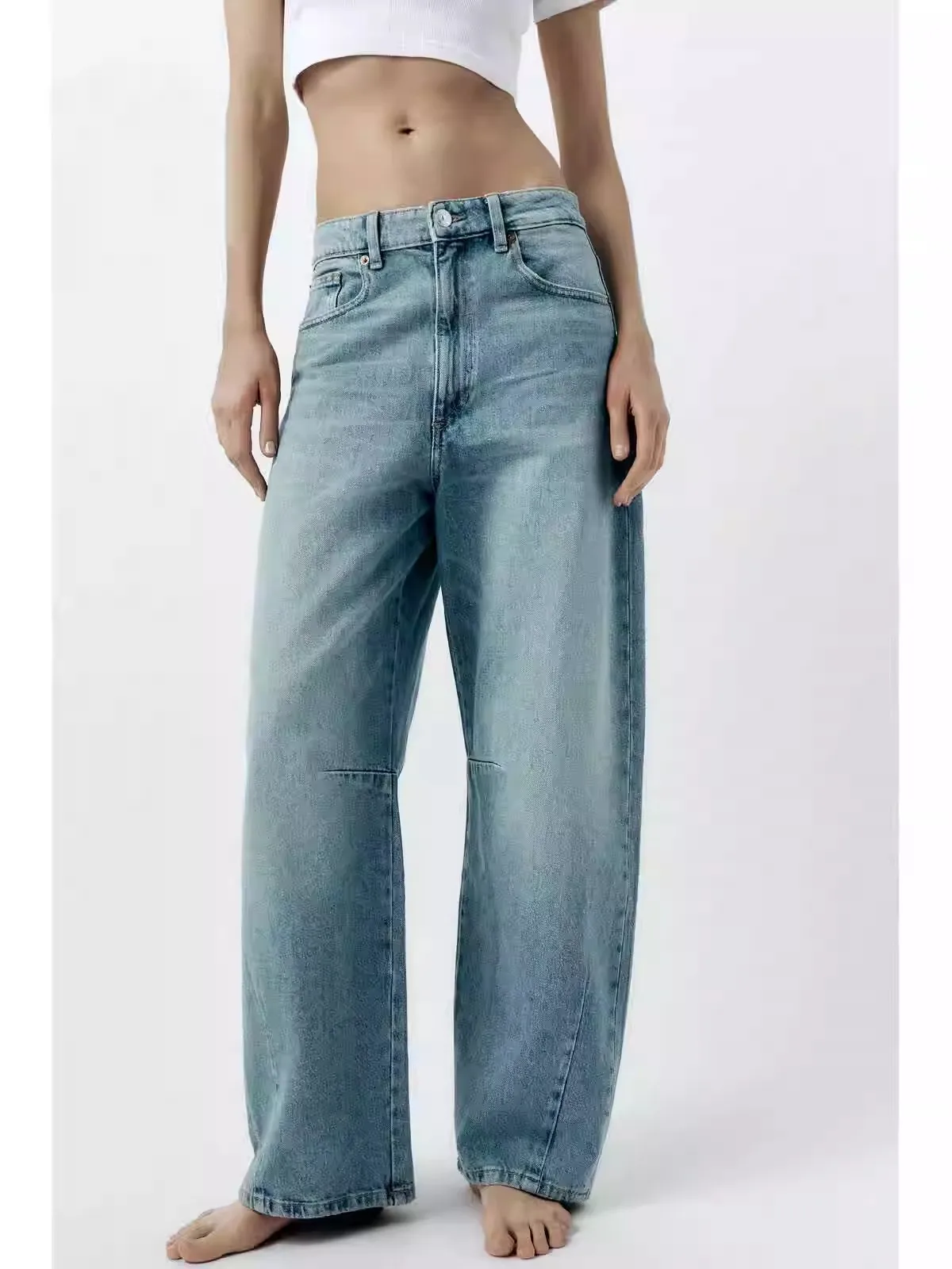 Frühling 2024, lockere Boyfriend-Jeans mit Ballon-Denim, mittlere Taille, gerades Bein, lange Hosen, reine Farbe, hohe Taille