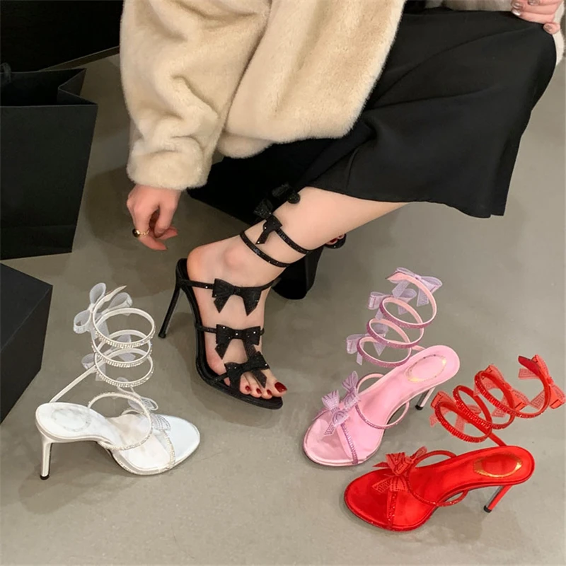 Aneikeh Elegant Pink Wedding Shoes CRYSTAL Bow High Heels Sandals Woman Summer Ankle Strap Thin High Heels Open Toed Party Shoes view 6
