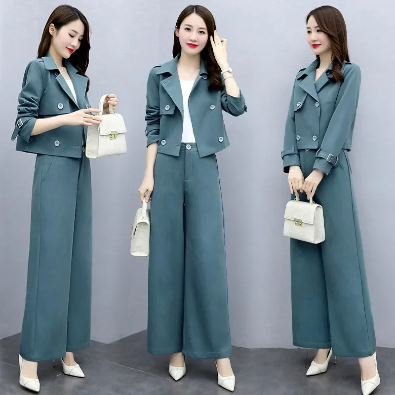 

Lnsozkdg Autumn British Casual Short Suit Jacket Wide Leg Pants Set Commuting Retro Double Breasted Blazers Pants Two-piece Set