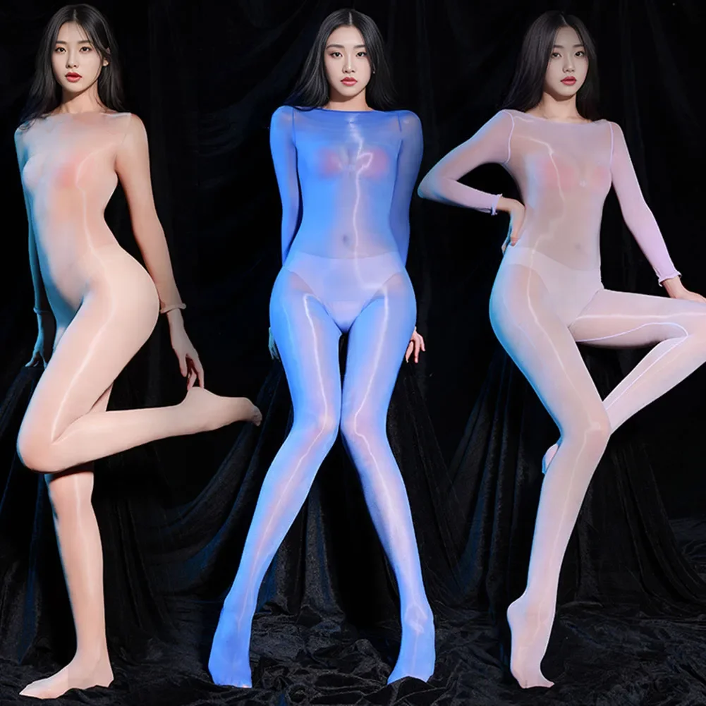 Unisex Seamless  Oil Shiny Transparent Jumpsuit Sexy Tight Stockings Full Body Solid  Costume Seamless Nightclub Exposed Outfit