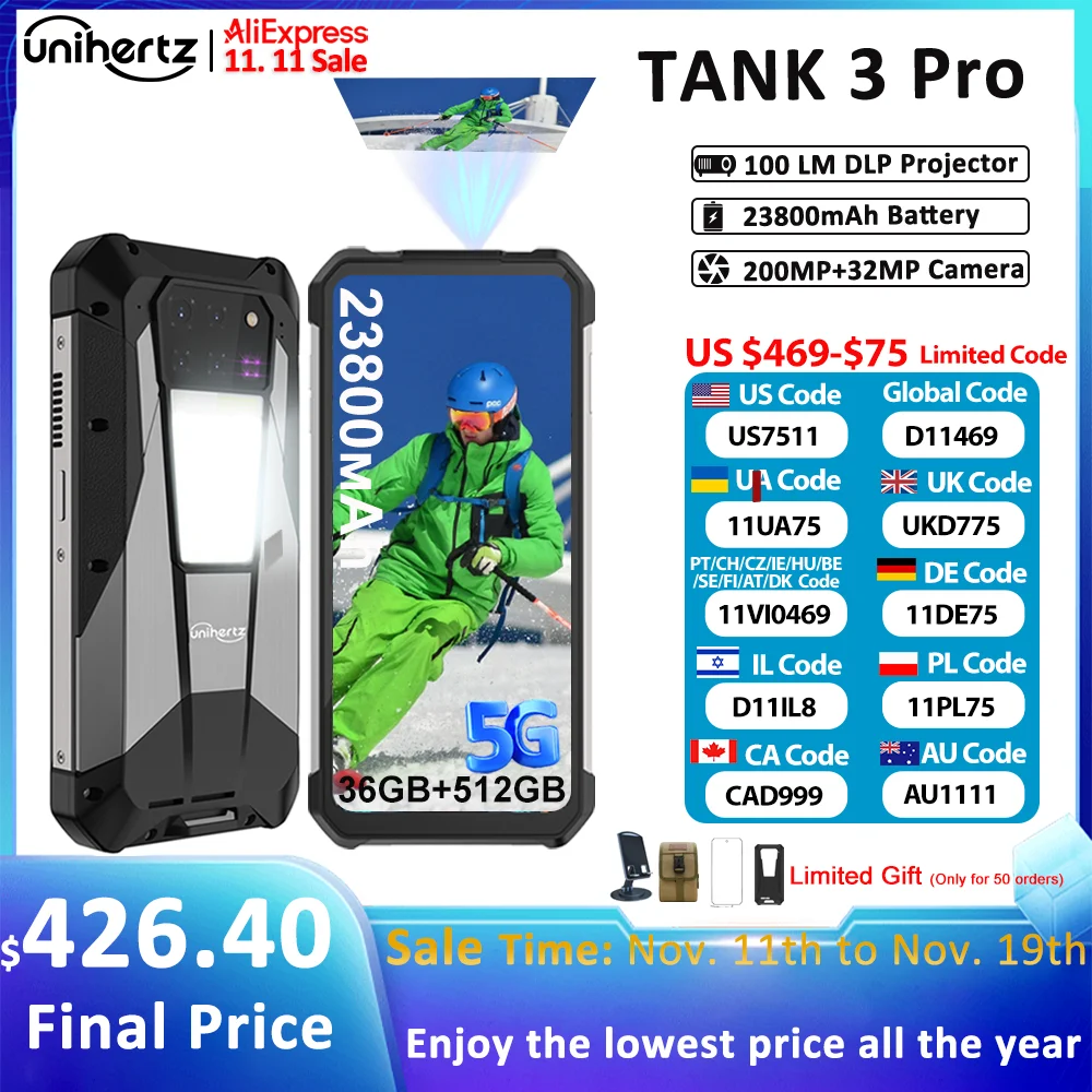 Unihertz Tank 3 Pro 8849 Rugged Smartphone android 5G with 100 Lumens Projector 32/36GB 512GB 23800mAh Waterproof 200MP phones